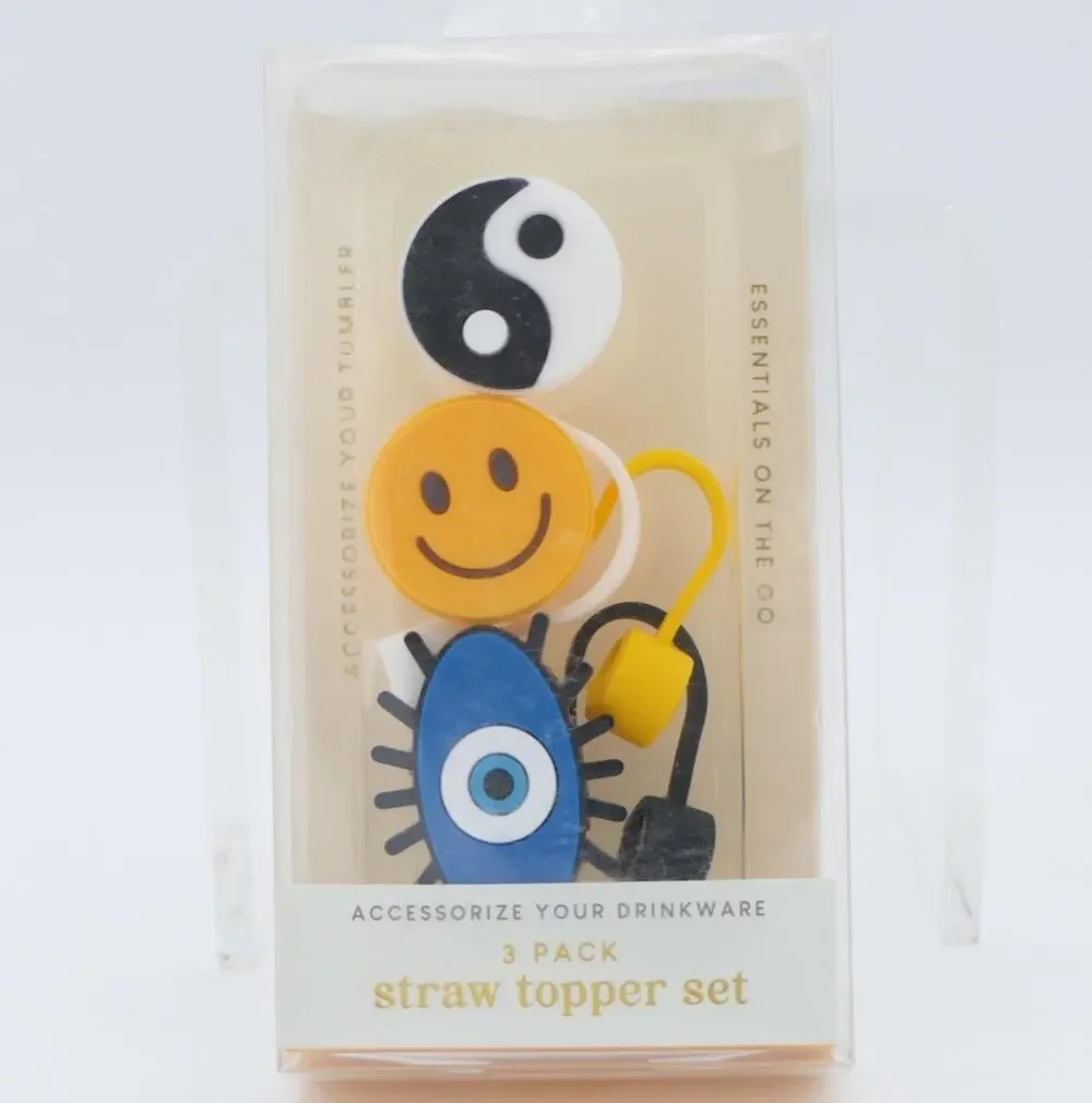 3 Pack Tumbler Straw Topper Set (Yin/Yang Evil Eye Smiley Face)